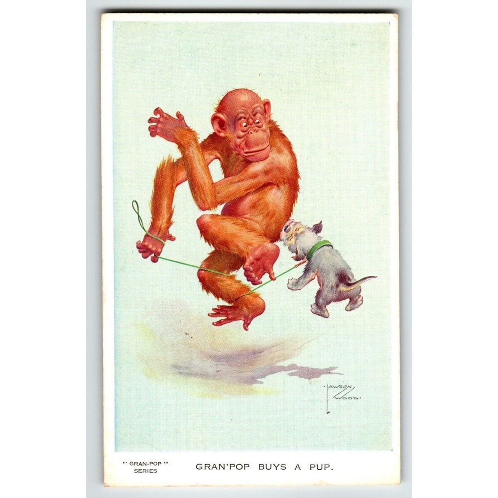 Monkey Chimp Buys Puppy Dog Postcard Larson Wood Signed Fantasy Anthropomorphic